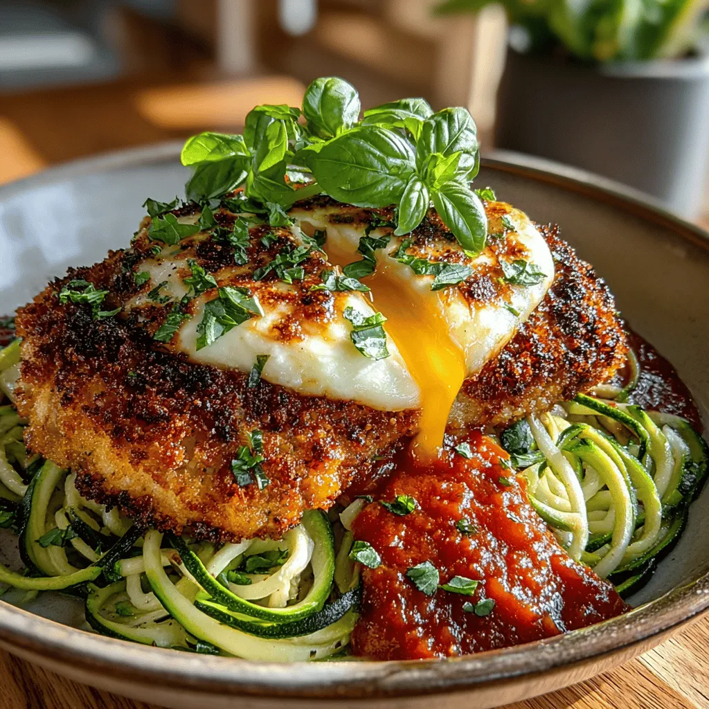 - 4 boneless, skinless chicken breasts - 1 cup panko breadcrumbs - 1/2 cup grated Parmesan cheese - 1 teaspoon garlic powder - 1 teaspoon dried oregano - 1 teaspoon dried basil - Salt and pepper, to taste - 2 cups crushed tomatoes - 1 tablespoon olive oil - 2 medium zucchinis - Fresh basil, for garnish (optional)
